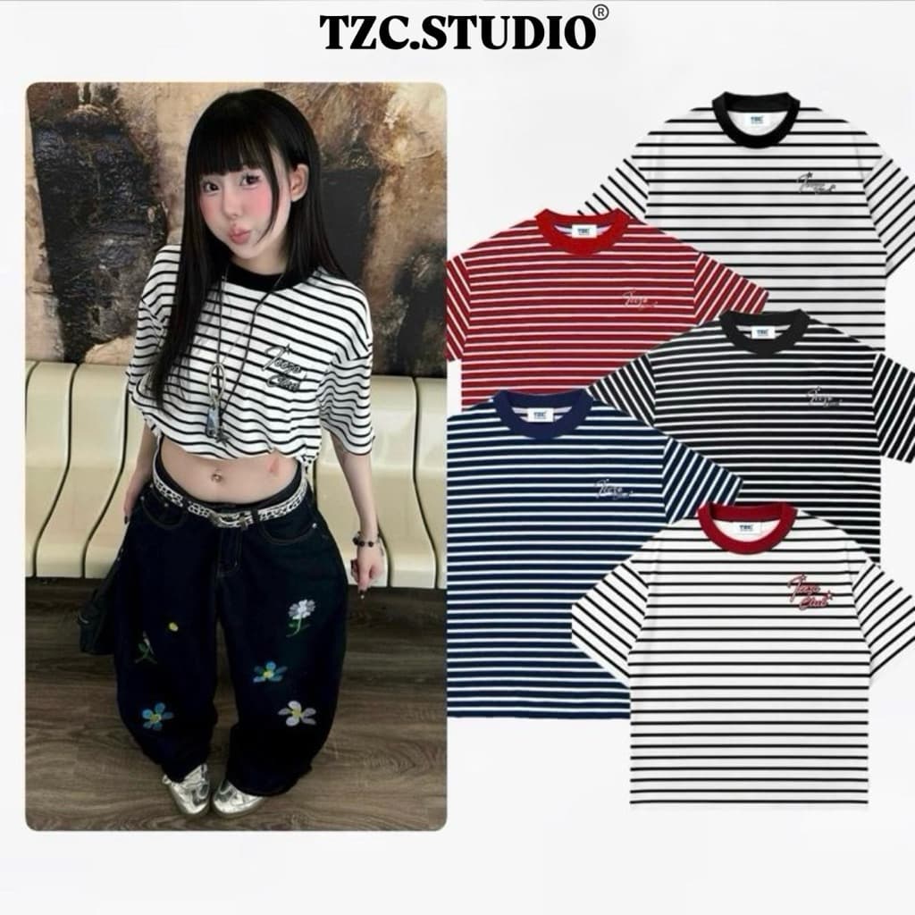 Áo thun kẻ sọc nam nữ Tzc Studio form dáng boxy phong cách unisex