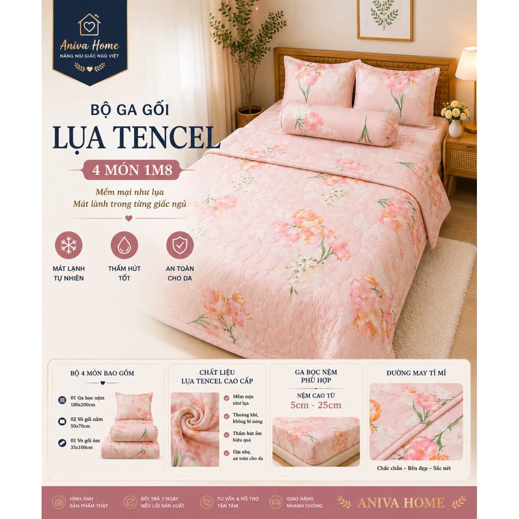 Bộ Ga Gối Lụa Tencel 4 Món 1m8 Aniva Home Cao Cấp Mềm Mát Thoáng Khí Ga Bọc Nệm 5-25cm