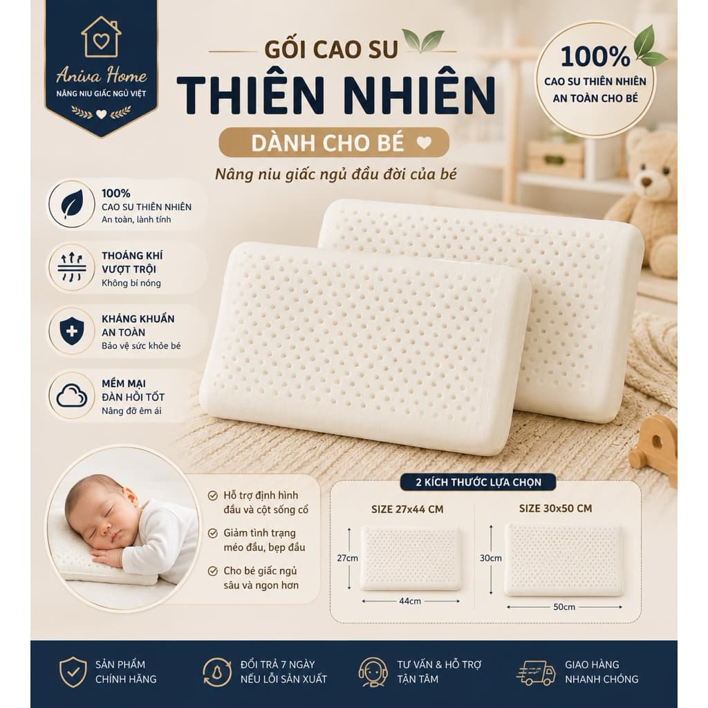 Gối Cao Su Thiên Nhiên Trẻ Em Aniva Home 27x44cm / 30x50cm – Thoáng Khí, Kháng Khuẩn, Đàn Hồi Cao