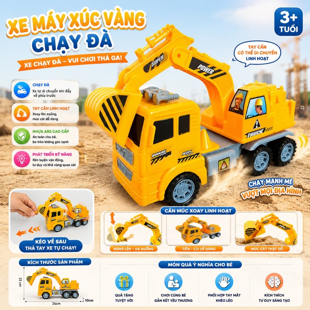 Đồ chơi xe máy xúc công trình bánh đà cho bé nhựa ABS cao cấp bền đẹp