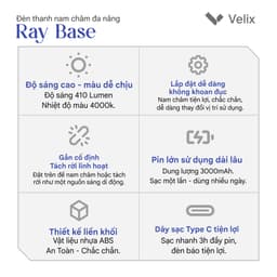 Đèn led thanh không dây gắn nam châm 40cm Velix Ray Base | Tích điện 3000mAh 10W 410 Lumen 9