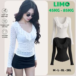 Áo Thun Nữ Bigsize Tay Dài Ren Lưới 2 Lớp Cổ Bèo Ôm Body Co Giãn Mềm Mịn Xinh Xắn LIMO MS353 1