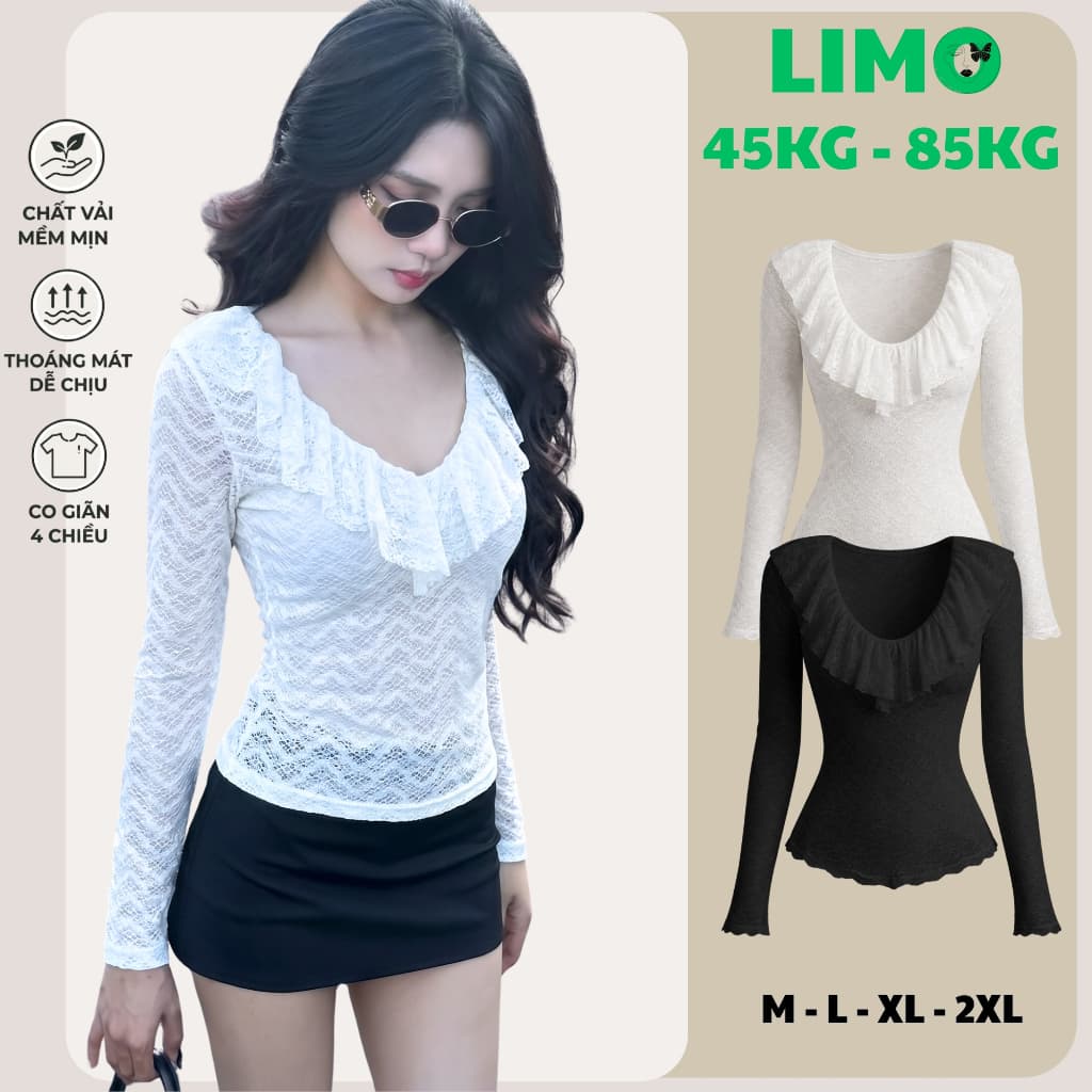 Áo Thun Nữ Bigsize Tay Dài Ren Lưới 2 Lớp Cổ Bèo Ôm Body Co Giãn Mềm Mịn Xinh Xắn LIMO MS353