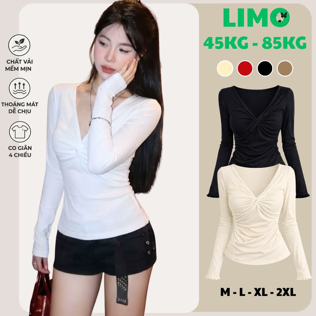 Áo Thun Tay Dài Nữ Bigsize Xoắn Trước LIMO Áo Thun Nữ Dài Tay 45-85Kg Ôm Body Dễ Thương MS085 Áo Kiểu Cổ V Xinh