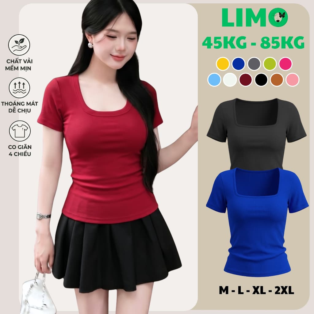 [Có Bigsize 45-85kg] Áo thun nữ cổ vuông Áo phong nữ tay ngắn gân tăm co giãn form ôm đẹp MS3002