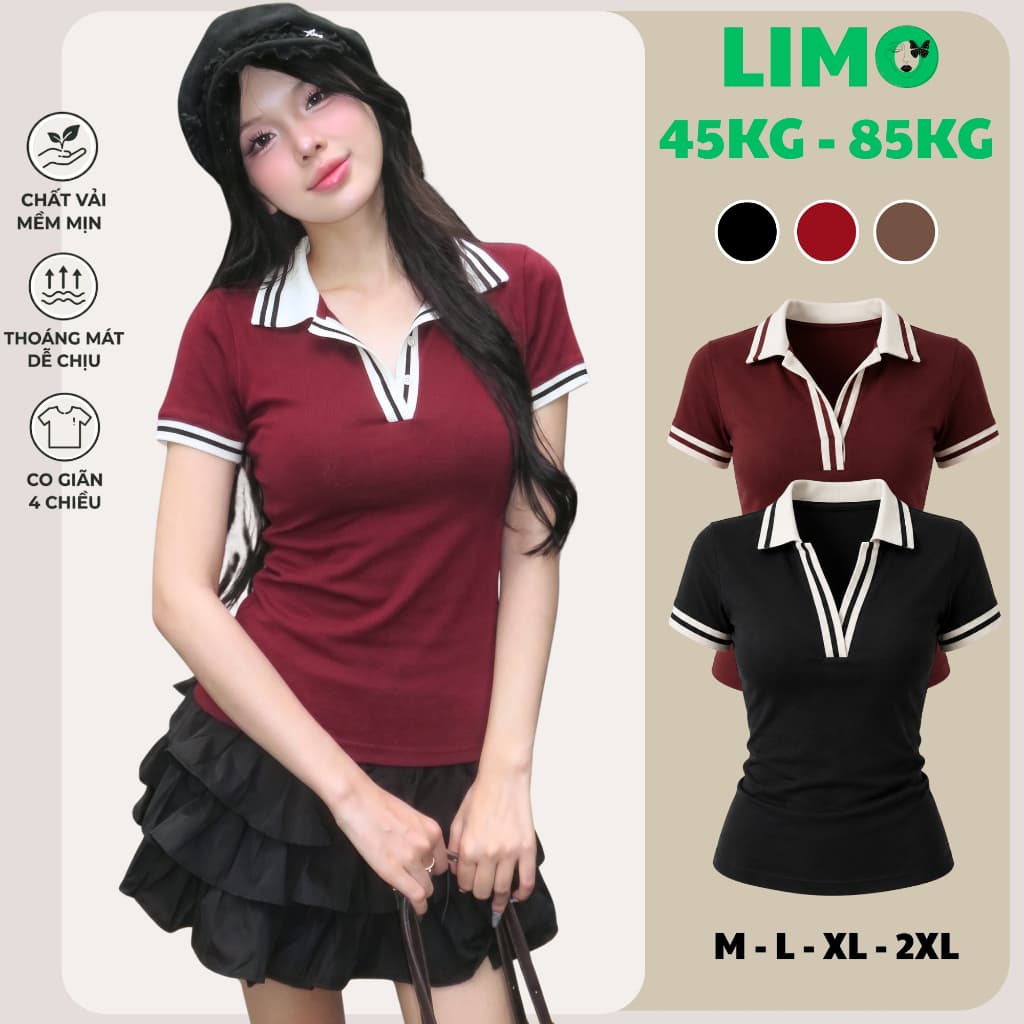 [Có Bigsize 45-85kg] Áo Thun Nữ Cổ Trụ Tay Ngắn Viền Sọc LIMO Áo Polo Ôm Body Dễ Phối Đồ MS371