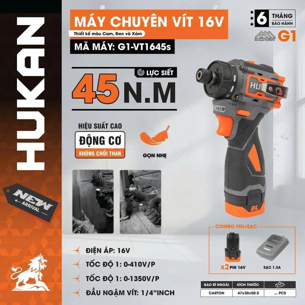 Bộ máy chuyên vít trượt pin HUKAN G1-VT1645s và G1-CVT345, Lực siết 45Nm - 2Pin - Không chổi than
