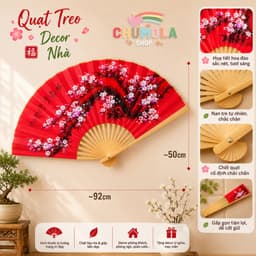 (90cm) Quạt xếp CÀNH ĐÀO ĐỎ chất liệu giấy nan tre 90cm phụ kiện trang trí phong cách cổ trang treo tường 1