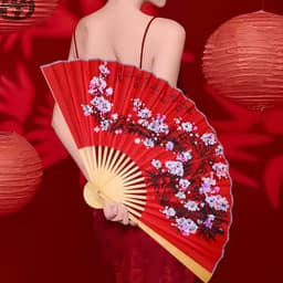 (90cm) Quạt xếp CÀNH ĐÀO ĐỎ chất liệu giấy nan tre 90cm phụ kiện trang trí phong cách cổ trang treo tường 4
