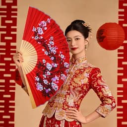 (90cm) Quạt xếp CÀNH ĐÀO ĐỎ chất liệu giấy nan tre 90cm phụ kiện trang trí phong cách cổ trang treo tường 2