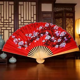 (90cm) Quạt xếp CÀNH ĐÀO ĐỎ chất liệu giấy nan tre 90cm phụ kiện trang trí phong cách cổ trang treo tường 3