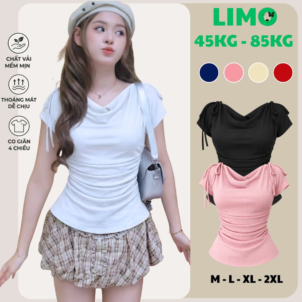 [Có Bigsize 45-85kg] Áo Thun Nữ Cổ Đổ Rút Dây Vai Thun Tăm Co Giãn Ôm Body Tôn Dáng LIMO MS573