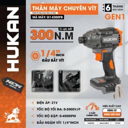 Máy chuyên vít có búa HUKAN GC-IRL304BL, Bắn vít lực 300Nm, Không chổi than, Chân phổ thông 8