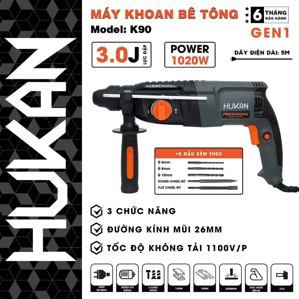 Máy khoan đục bê tông HUKAN K90, 3 Chức năng, Công suất lớn 1020w 3.0J - Motor đồng - Tặng kèm 5 mũi