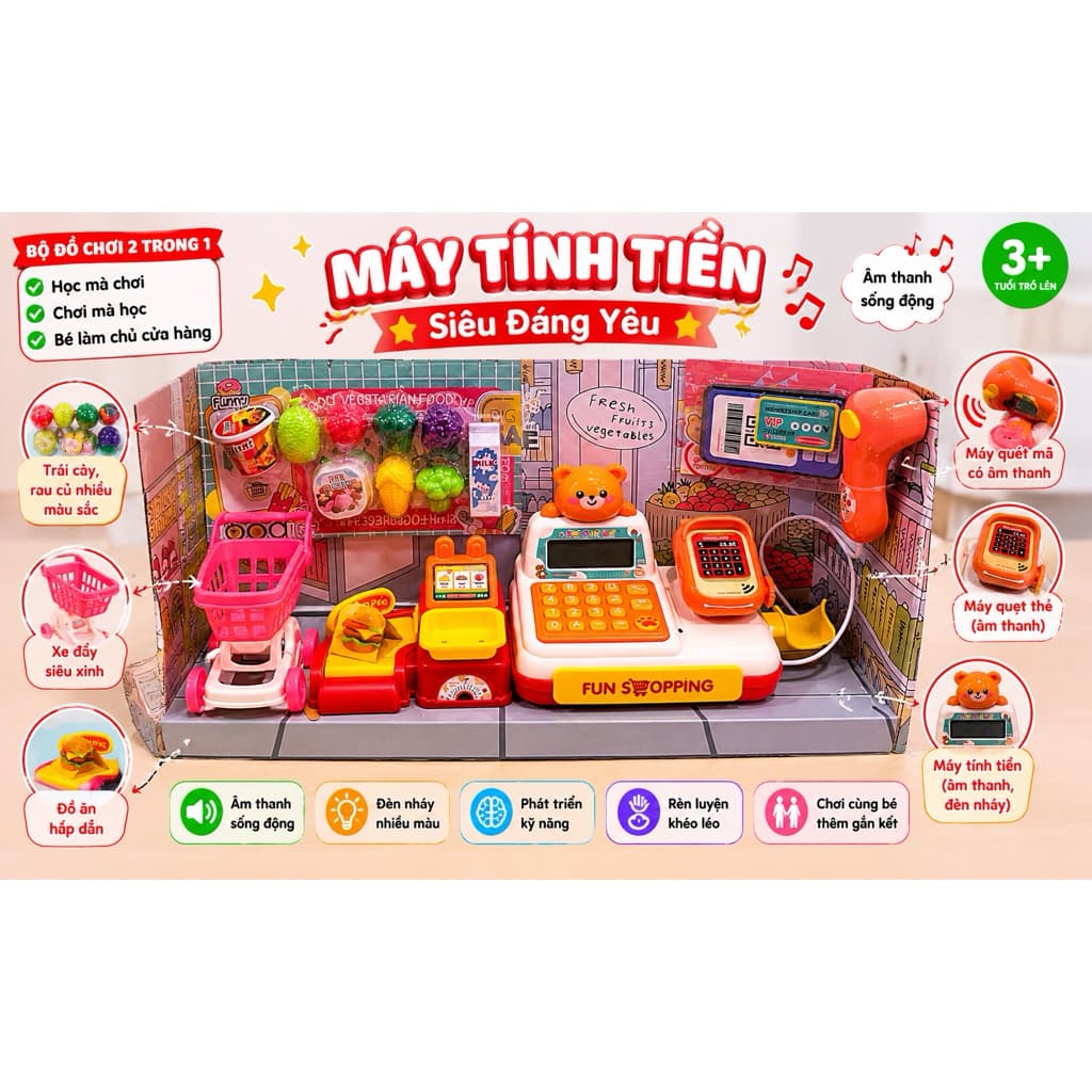 Bộ Đồ Chơi 2 Trong 1 Máy Tính Tiền Siêu Đáng Yêu Fun Shopping Cho Bé Từ 3+ Tuổi Với Âm Thanh Sống Động