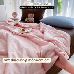 Cotton Đũi ( sẵn ôm) Set đũi chăn chần 5 món kèm ôm màu trơn Hàn Quốc basic dễ dùng 4