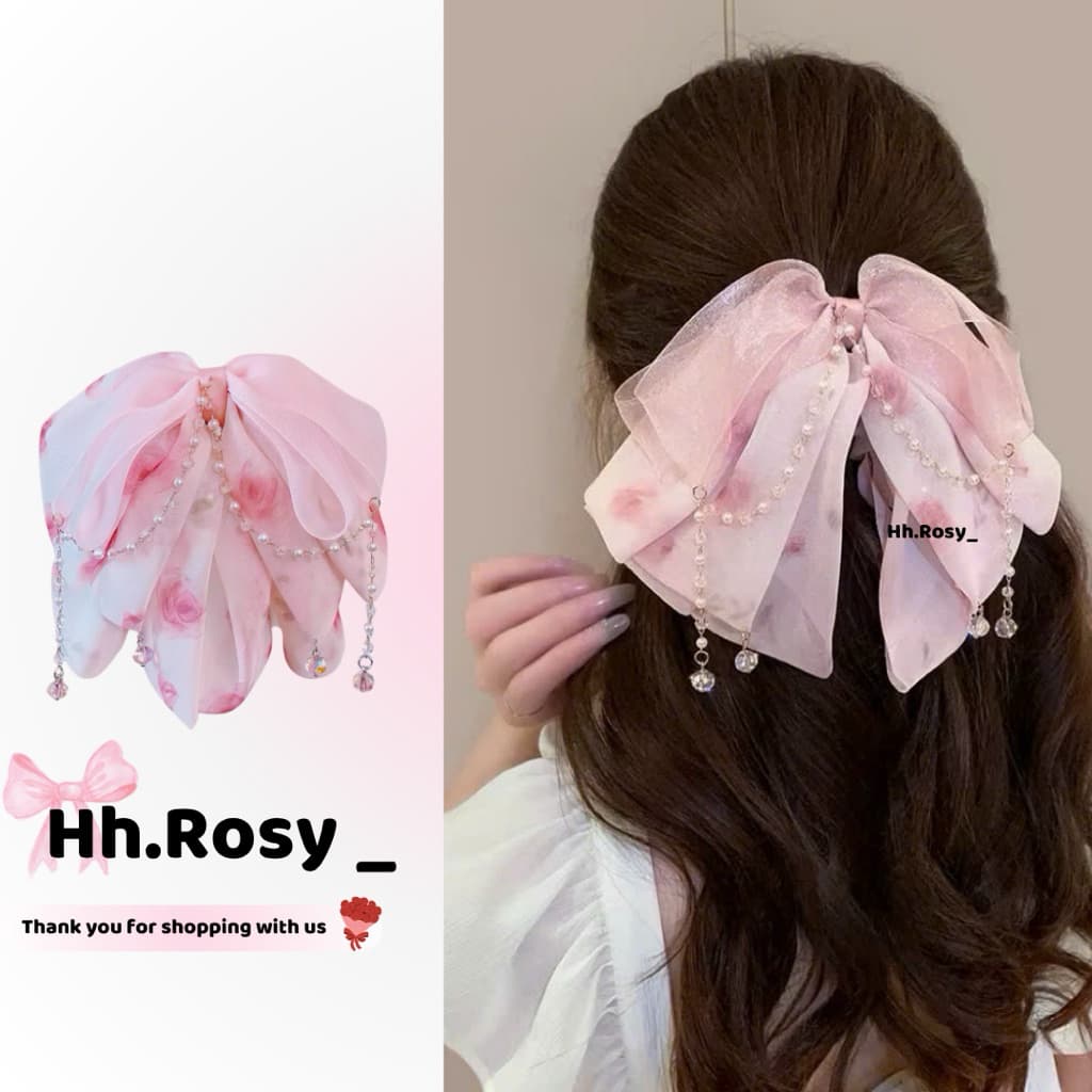 Kẹp tóc nữ Nơ buộc tóc voan hồng phối dây đá – phụ kiện tóc nữ xinh xắn
