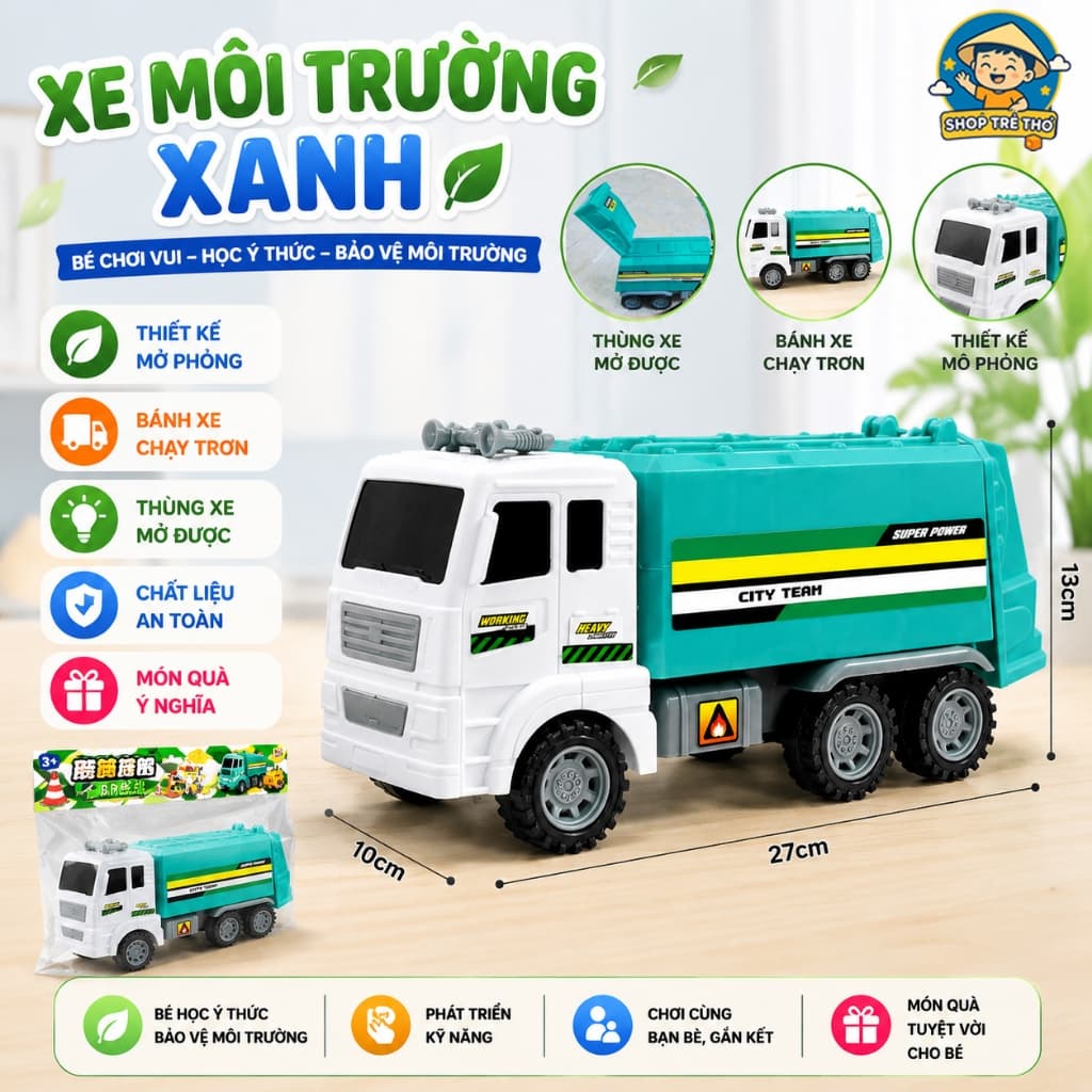 Đồ chơi xe ô tô vệ sinh môi trường chở rác chạy bánh đà nhựa ABS an toàn cho bé