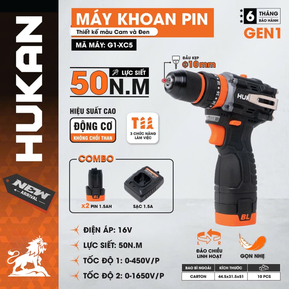 Máy khoan pin HUKAN G1-CDDL1603, G1-XC3 45Nm và G1-XC5 50Nm, 3 chức năng, Đầu 10mm, Không chổi than