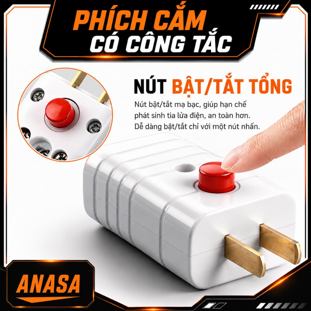 Phích Cắm Điện Có Công Tắc - Hạn Chế Tia Lửa Điện 10A 250VCC