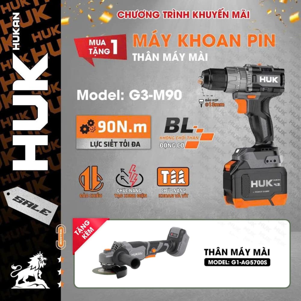 Máy khoan pin HUKAN Gen3 G3-M90, Có Tạo xung, Lực siết 90Nm, 3 chức năng 13 ly - Chân phổ thông