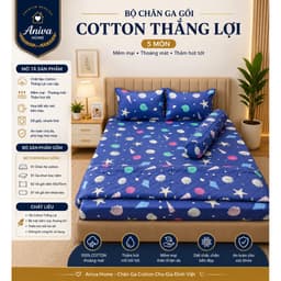 Bộ Chăn Ga Gối Cotton Thắng Lợi 5 Món 1m8x2m Aniva Home, Ga Chun Bọc Nệm, Cotton Cao Cấp Thoáng Mát 2