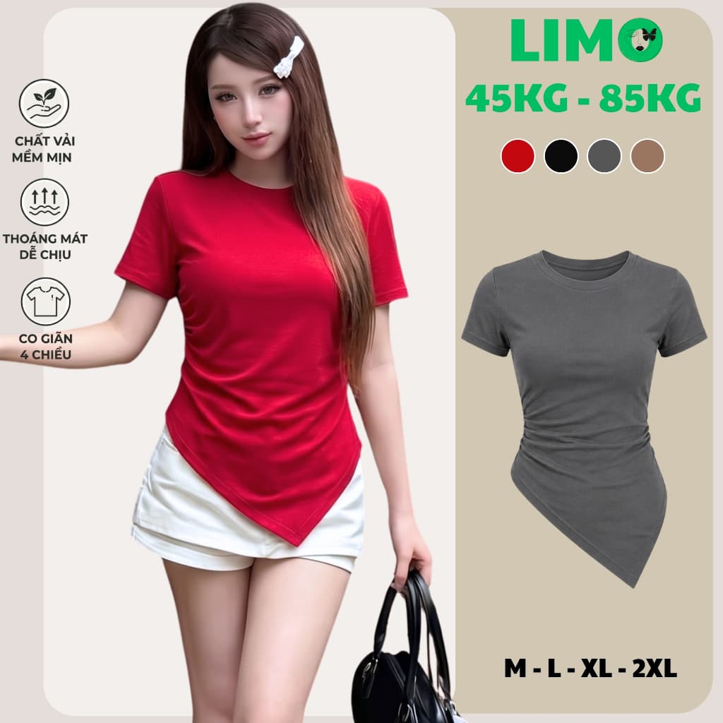 [Có Bigsize 45-85kg] Áo Thun Nữ Vạt Xéo Form Ôm Body Áo Kiểu Lệch Tà Co Giãn LIMO MS003