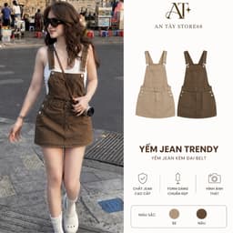 Yếm Jean Nữ Kèm Đai Màu Nâu/ Be Vải Qc Đẹp #8616 Dáng Ngắn  Hack Dáng Dễ Phối Đồ 1