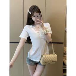 DÂU TÂY ( CÓ SẴN ) Áo Thun Nữ Cổ V Cắt Dây Ngực Áo Phông Cộc Tay Chất Cotton Phối Viền Ren Quyến Rũ Cá Tính 7