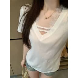 DÂU TÂY ( CÓ SẴN ) Áo Thun Nữ Cổ V Cắt Dây Ngực Áo Phông Cộc Tay Chất Cotton Phối Viền Ren Quyến Rũ Cá Tính 6