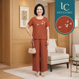 Set Đồ Bộ Trung Niên Cách Điệu, Đồ Bộ Cho Mẹ, Áo Kiểu, Quần Ống Rộng, Chất Liệu Cao Cấp 5