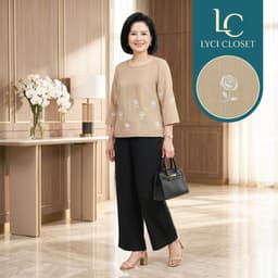 Set Đồ Bộ Trung Niên Cách Điệu, Đồ Bộ Cho Mẹ, Áo Kiểu, Quần Ống Rộng, Chất Liệu Cao Cấp 2