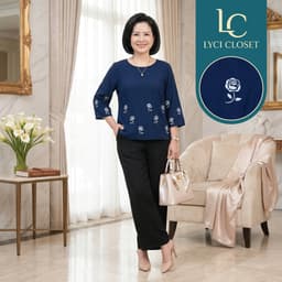 Set Đồ Bộ Trung Niên Cách Điệu, Đồ Bộ Cho Mẹ, Áo Kiểu, Quần Ống Rộng, Chất Liệu Cao Cấp 3