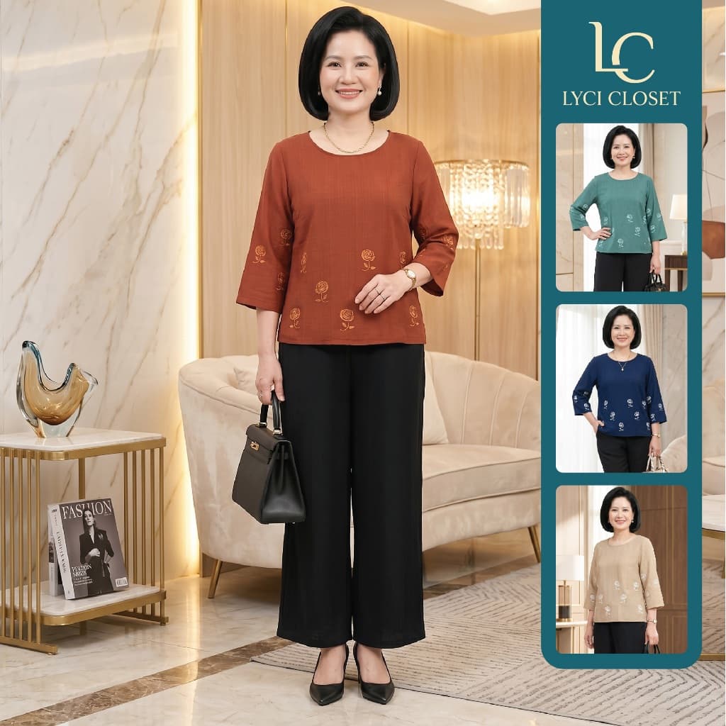 Set Đồ Bộ Trung Niên Cách Điệu, Đồ Bộ Cho Mẹ, Áo Kiểu, Quần Ống Rộng, Chất Liệu Cao Cấp