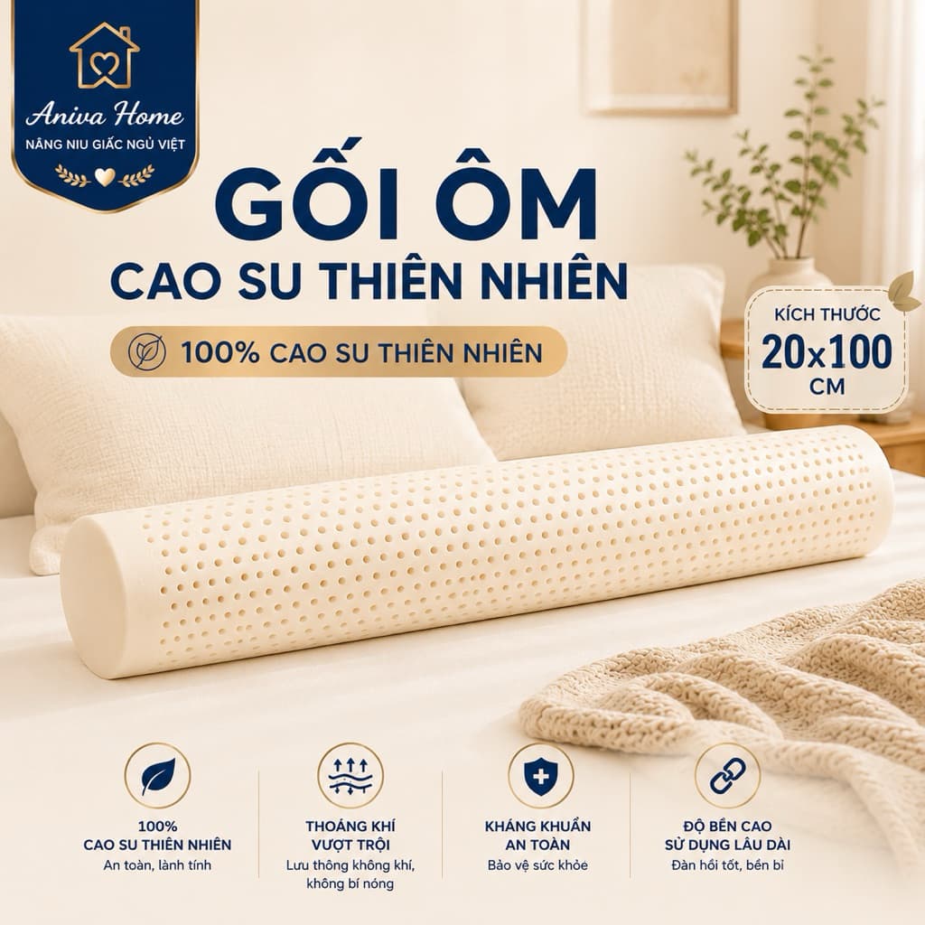 Gối ôm cao su thiên nhiên Aniva Home, êm ái, nâng đỡ cơ thể, thoáng mát, mềm mại, sử dụng lâu dài