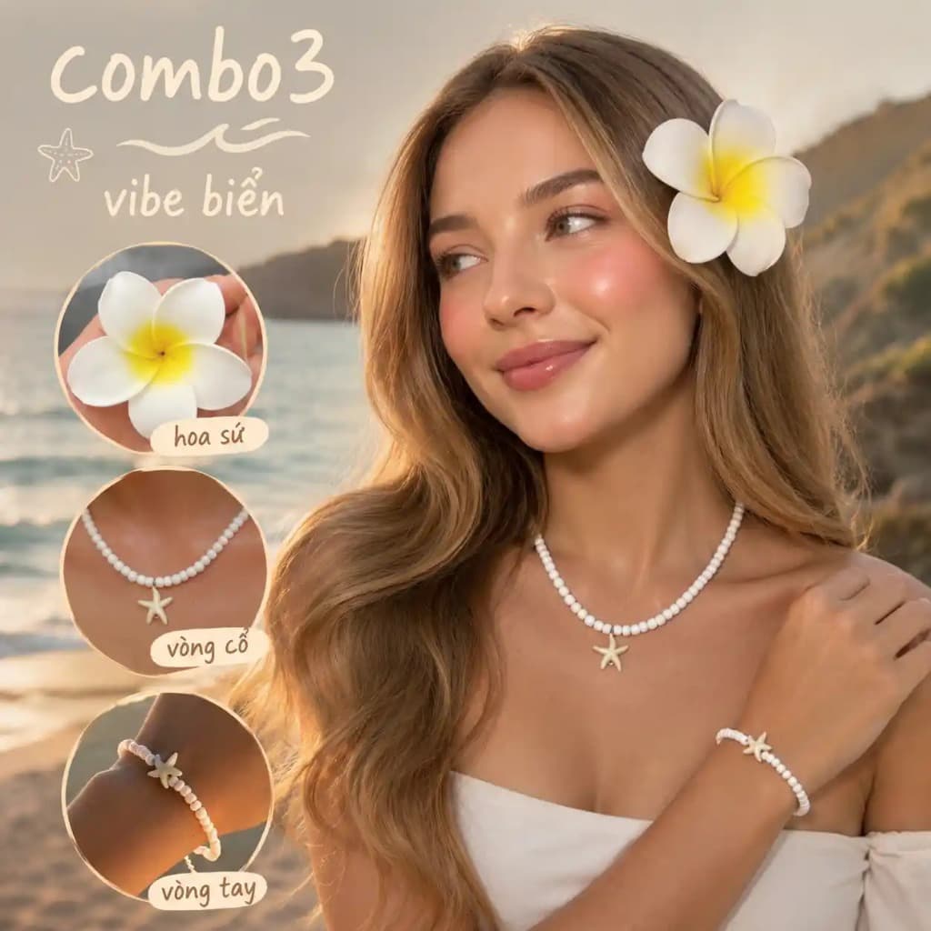 Combo Đi Biển Vòng cổ, Vòng Tay Sao Biển và Hoa Sứ Cài Tóc Ocean Charm - Phụ Kiện Trang Sức Biển Mùa Hè | Ocean Charm