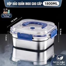 COMBO 3/5  Hộp Đựng Thực Phẩm Inox  Có Quai, Khay Đựng Đồ Tủ Lạnh Ngăn Mùi Có Nắp 1800ml 2