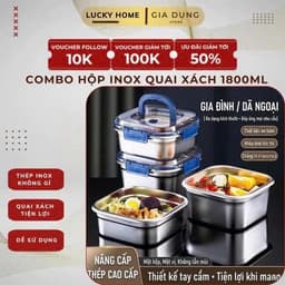 COMBO 3/5  Hộp Đựng Thực Phẩm Inox  Có Quai, Khay Đựng Đồ Tủ Lạnh Ngăn Mùi Có Nắp 1800ml 6