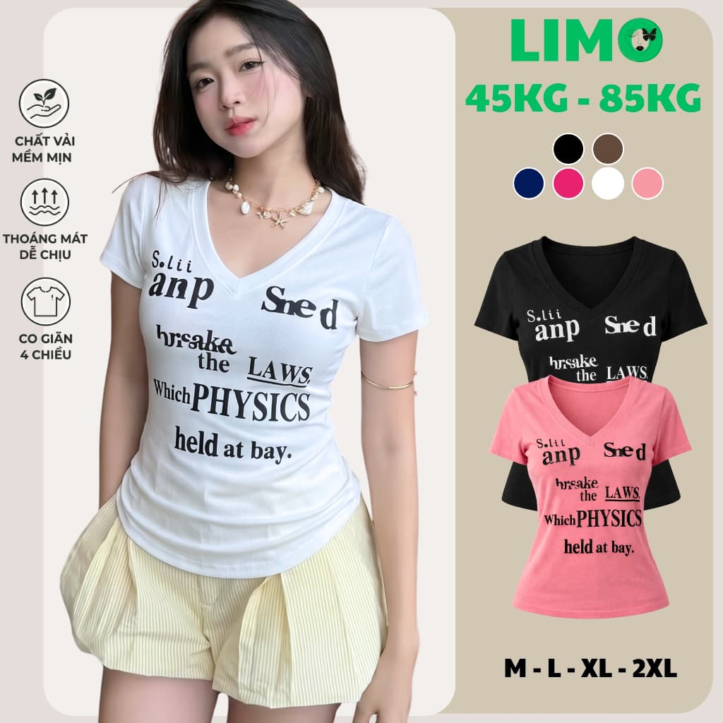 [Có Bigsize 45-85kg] Áo Thun Nữ Cổ Tim In Chữ Tay Ngắn Ôm Body Thun Tăm Cotton Mềm Mịn LIMO MS550