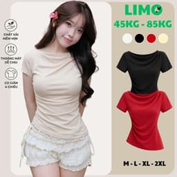 Áo Thun Tay Ngắn Nữ Vai Đổ Nhún Eo Vạt Xéo Ôm Dáng Bigsize Thun Tăm Co Giãn Mềm Mịn LIMO MS592 1