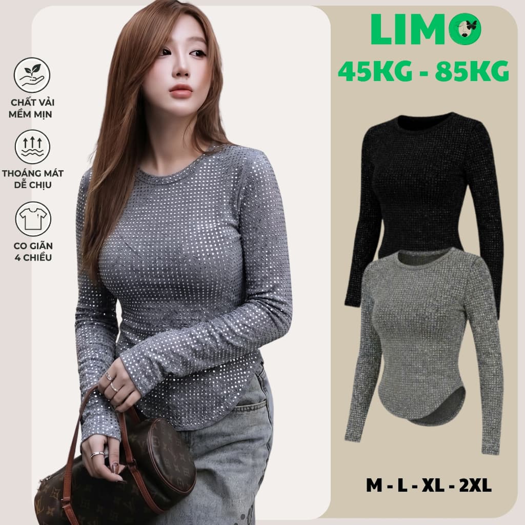 Áo Thun ĐÍnh Đá Tay Dài Bigsize LIMO Áo Thun Nữ Form Ôm Body Đẹp Dễ Thương Áo Thun Kim Tuyến Đá Đẹp Dễ Thương MS009