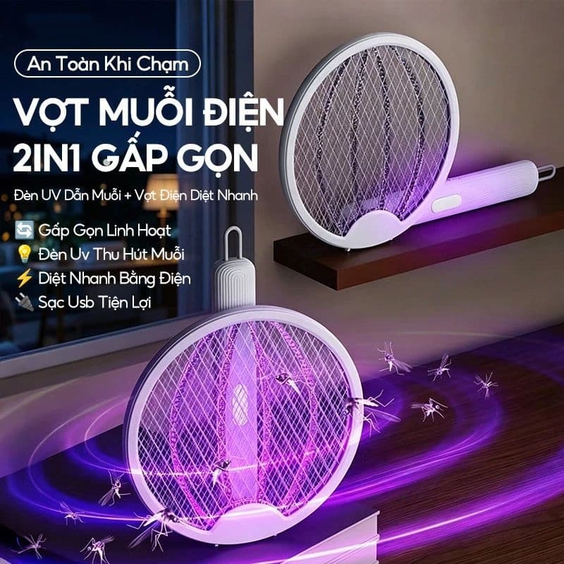 Vợt Muỗi Điện Gấp Gọn 3in1: Nhẹ, Đèn UV, Sạc USB, Diệt Muỗi An Toàn Không Dây Dành Cho Gia Đình.