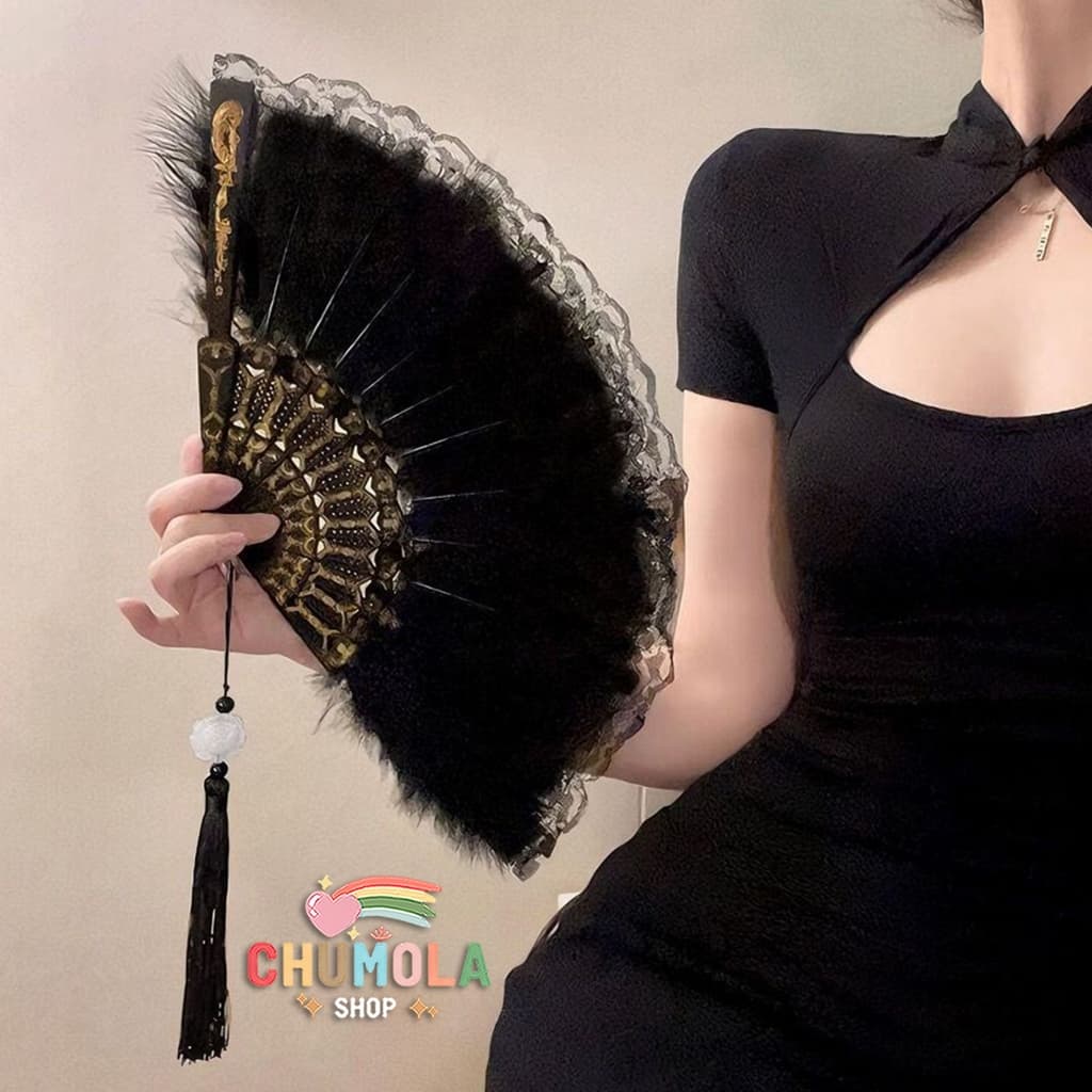 (kèm tua) Quạt Ren Lông phong cách retro gothic phụ kiện cầm tay chụp ảnh cho nữ sang trọng
