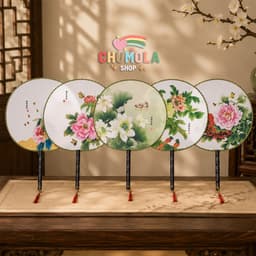 Quạt Tròn M25 Hoa Mẫu Đơn Hoa Sen - Phụ Kiện Cầm Tay Cổ Trang Cosplay Trung Hoa Hán Phục Cổ Phong 1