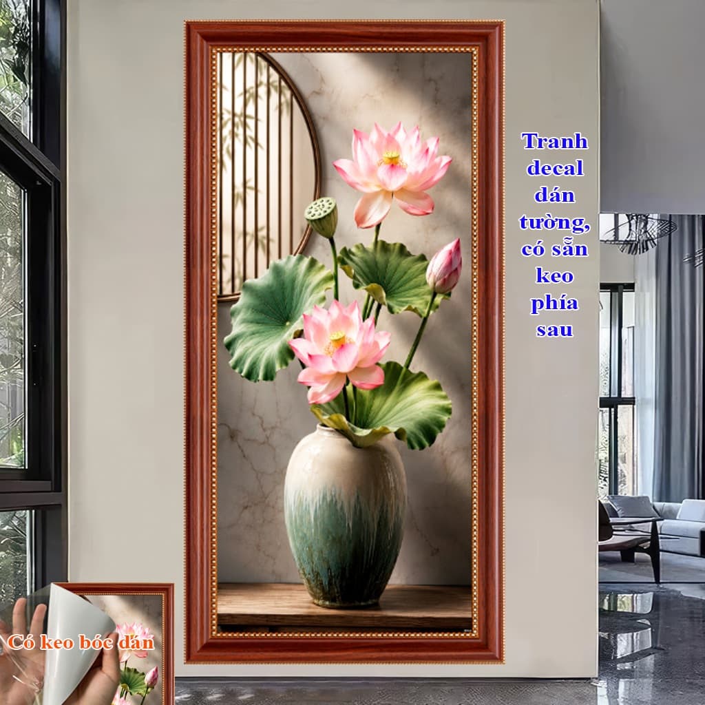 Tranh Hoa Sen Dán Tường 3D, Decal Dán Kính 3D kích thước 60x120cm, có sẵn keo bóc dán, PosterDecor