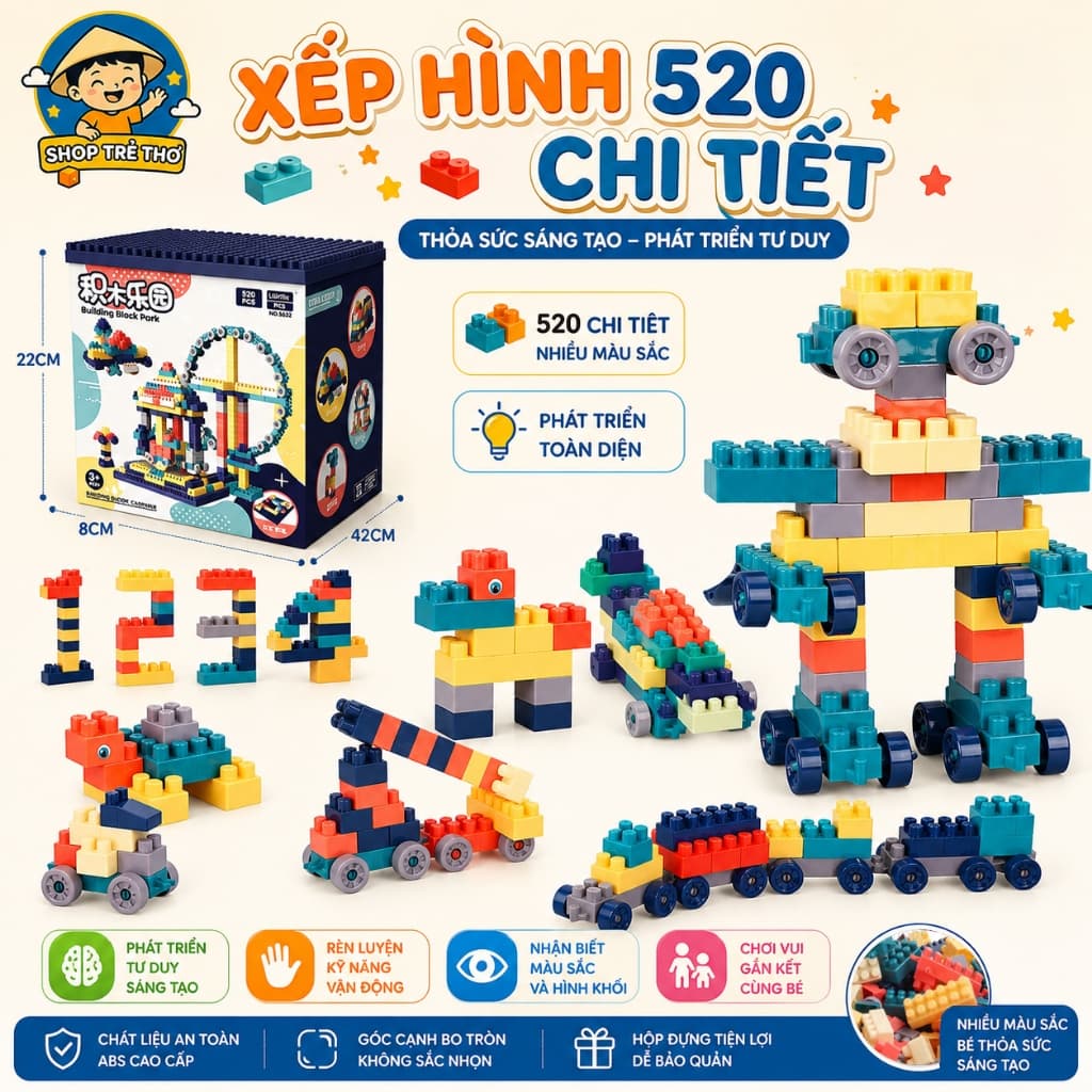 Bộ đồ chơi xếp hình lắp ráp 520 chi tiết cho bé phát triển trí tuệ sáng tạo