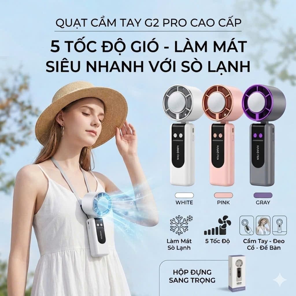 QUẠT CẦM TAY G2 PRO CAO CẤP – 5 CẤP GIÓ, LÀM MÁT SÒ LẠNH MÀN HÌNH LED