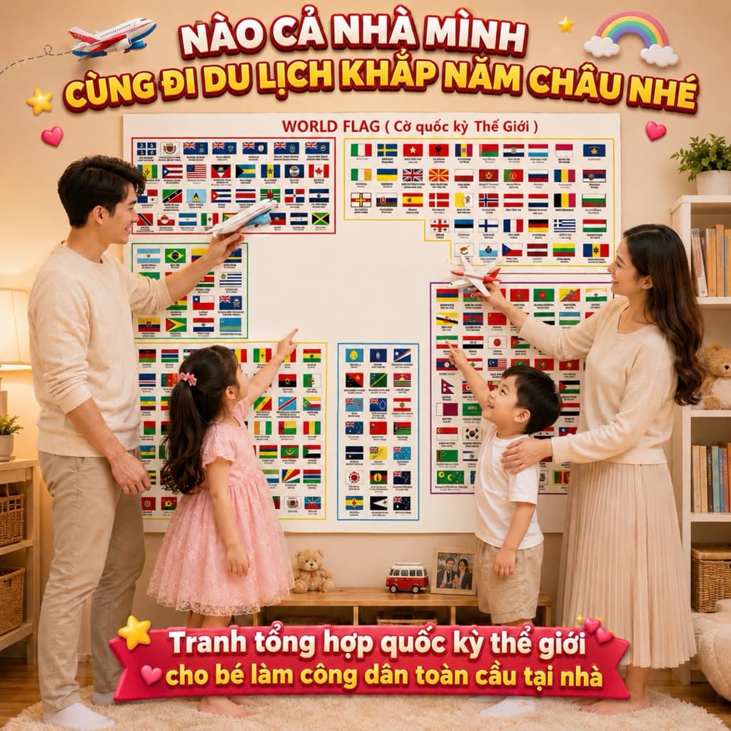 TRANH CỜ QUỐC KỲ THẾ GIỚI SONG NGỮ VIỆT - ANH CHO BÉ | Hơn 200 Lá Cờ Chia Theo 5 Châu| Tranh decal trang trí nhà cử