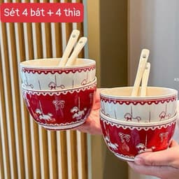 SÉT 4 BÁT KÈM 4 THÌA SỨ HOẠ TIẾT NGỰA GỒM 2 TRẮNG , 2 ĐỎ 19 1
