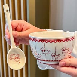 SÉT 4 BÁT KÈM 4 THÌA SỨ HOẠ TIẾT NGỰA GỒM 2 TRẮNG , 2 ĐỎ 19 6